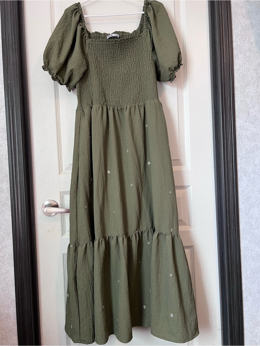 Olive Green Smocked Puff Sleeve Tiered Midi Dress